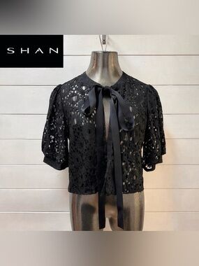 SHAN Black Lace Tie-Front Blouse | Size 8